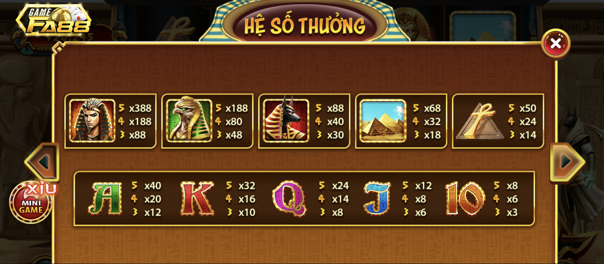 Bảng tổng hợp hệ số trả thưởng trong game